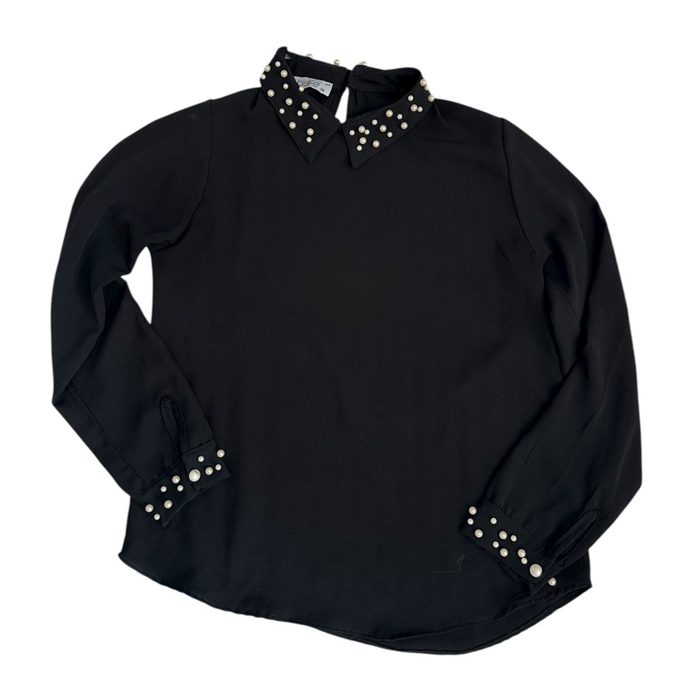 Bislife Long sleeve Black with Pearl collar and cuffs blouse sz M